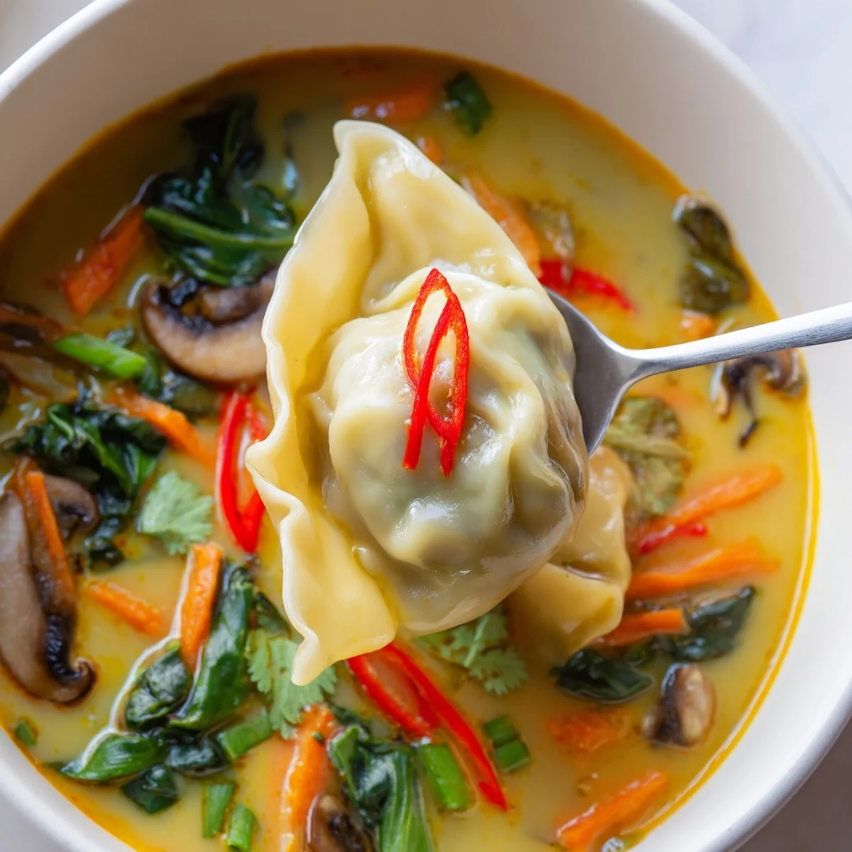 Golden coconut broth cradles plump dumplings in this aromatic creamy Thai dumpling soup