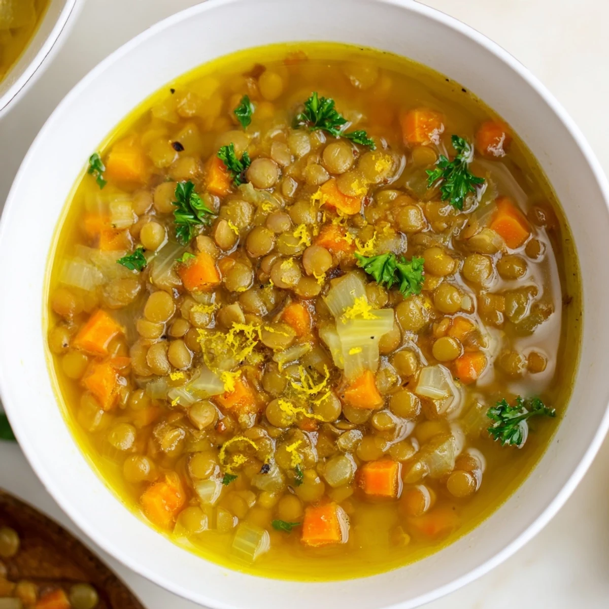 Bowl of lemon lentil soup topped with fresh parsley and a lemon wedge