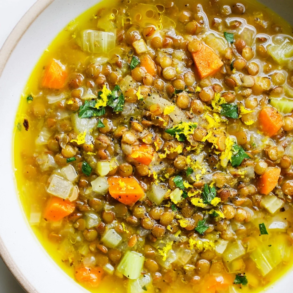 Golden lemon lentil soup ladled into a white bowl with crusty bread