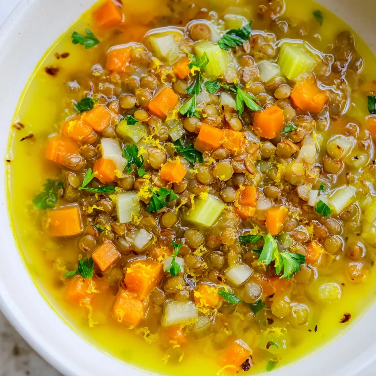 Steaming spoonful of lemon lentil soup with diced carrots and olive oil drizzle