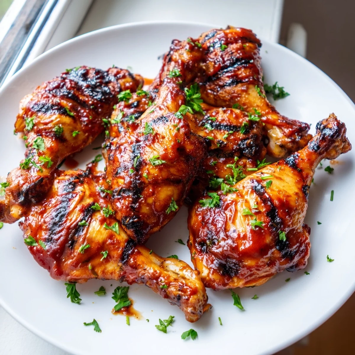 Smoky barbecue chicken with charred crispy skin fresh off a sizzling hot grill