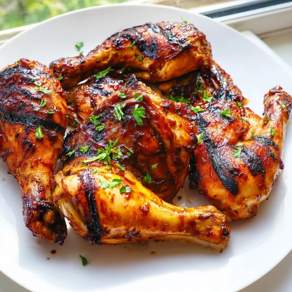 Juicy barbecue chicken pieces glistening with tangy sauce on a rustic platter