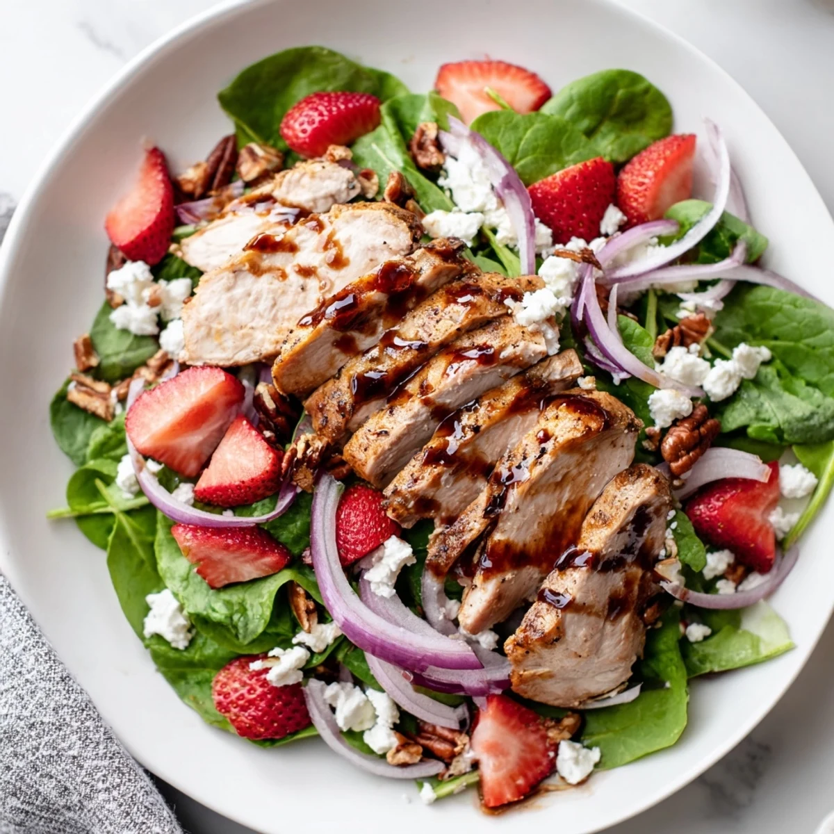 Juicy sliced chicken nestled among fresh greens and ripe strawberries in this vibrant strawberry chicken salad