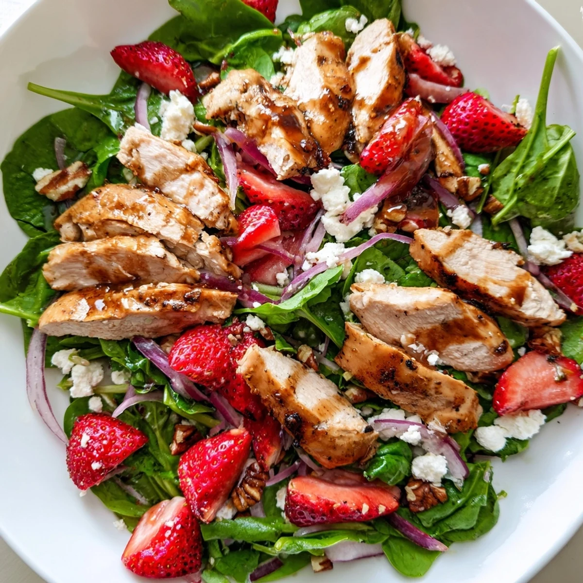 Golden seared chicken tops a bed of tender greens, sweet berries, and crumbled feta in this colorful strawberry chicken salad