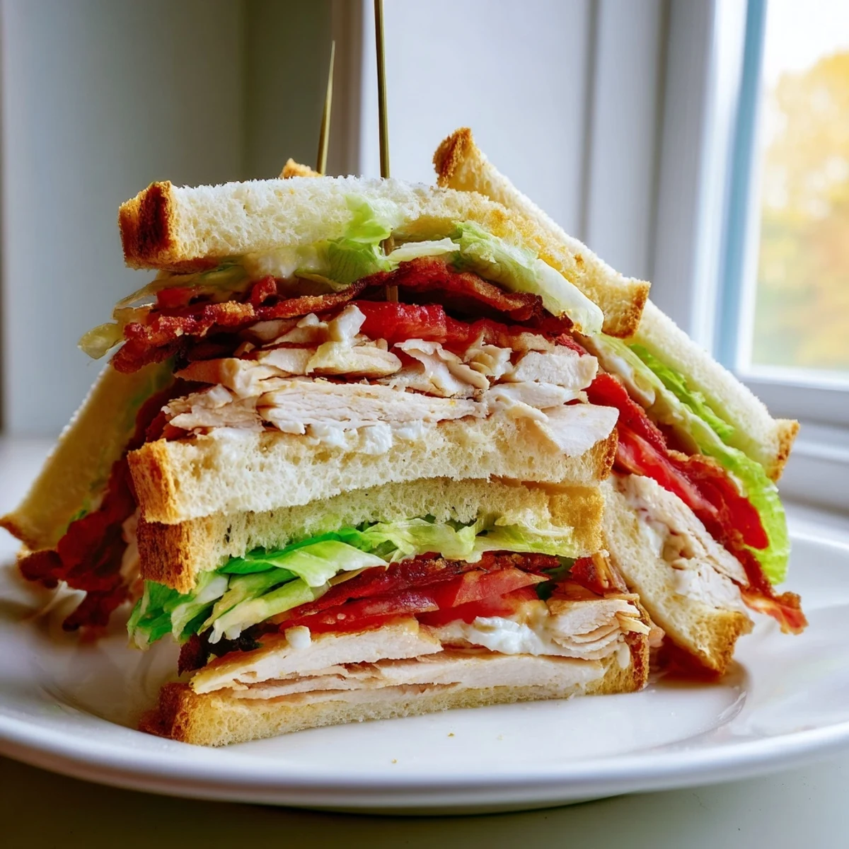 Classic club sandwich stacked with roasted chicken, crispy bacon, and fresh lettuce on toasted bread