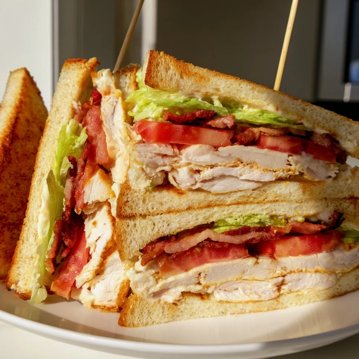 Triple-layered club sandwich featuring juicy tomatoes, crunchy bacon, and creamy mayo served with chips