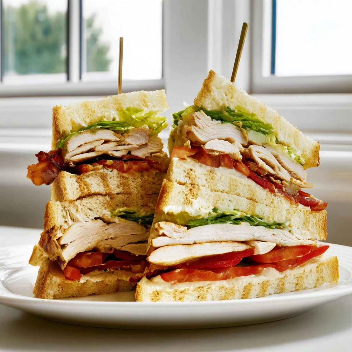 Golden toasted club sandwich cut into triangles with tender chicken, crisp lettuce, and ripe tomatoes