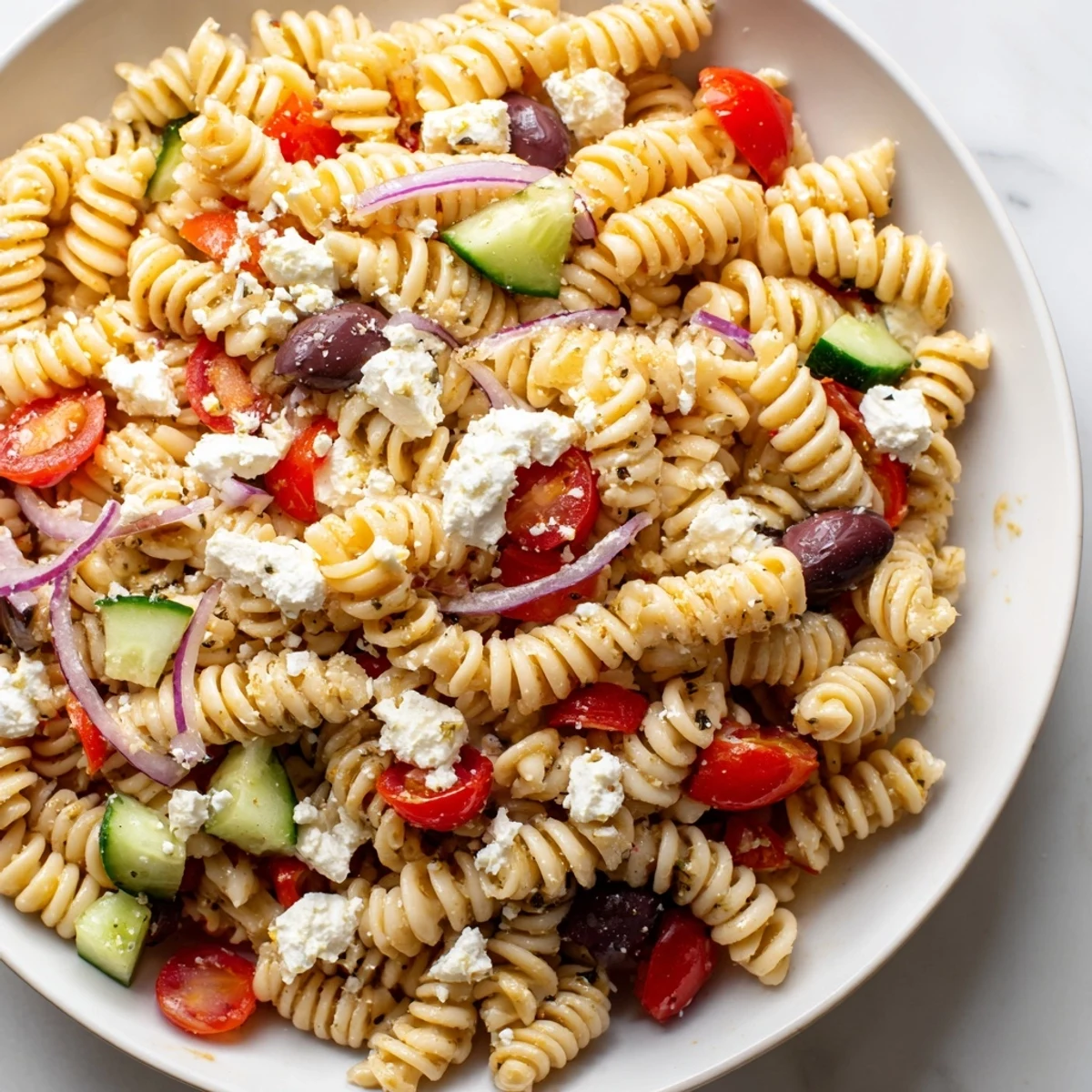 Colorful Greek pasta salad loaded with crunchy vegetables, tangy feta, and briny olives