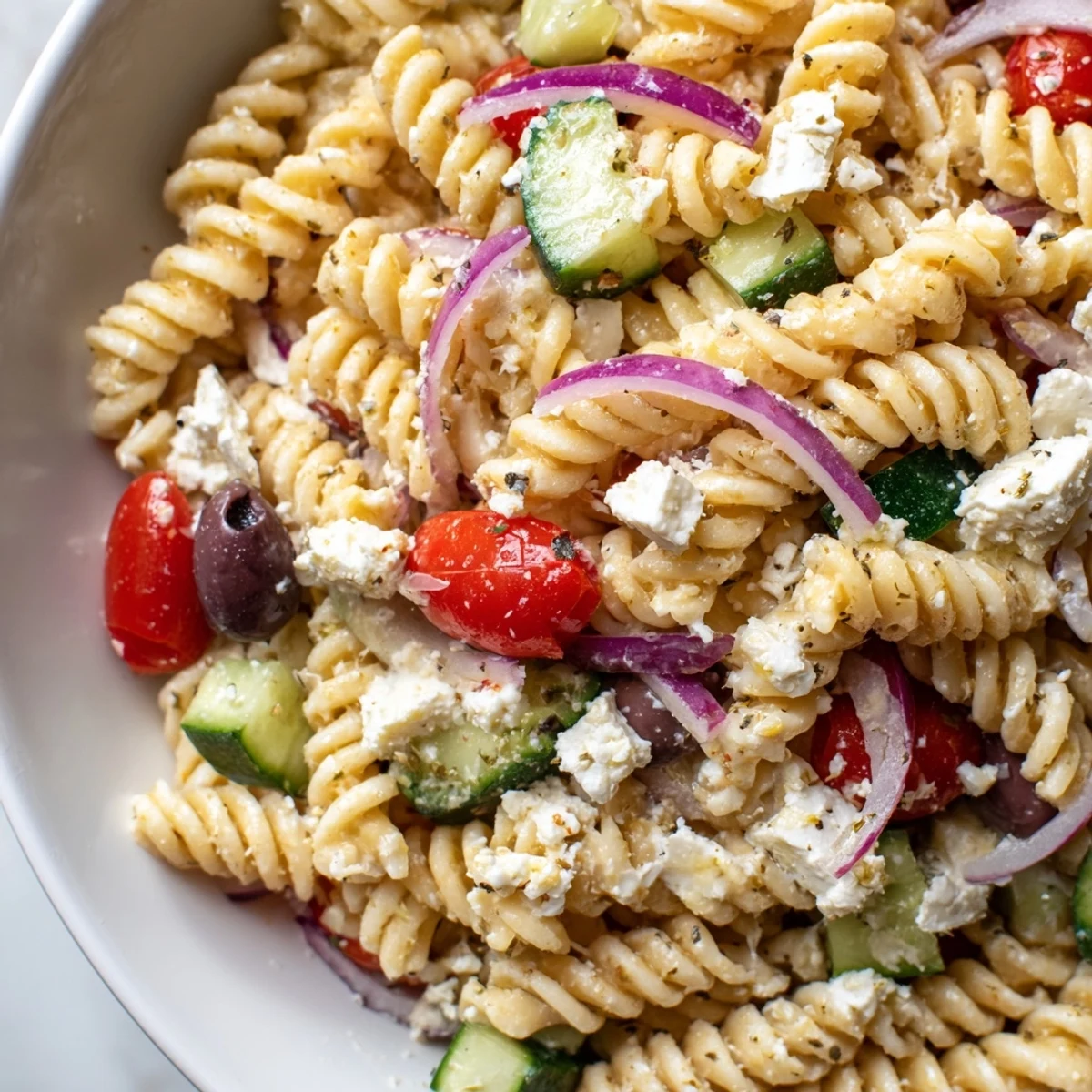 Creamy crumbled feta tops a bright Greek pasta salad with ripe cherry tomatoes and cucumbers