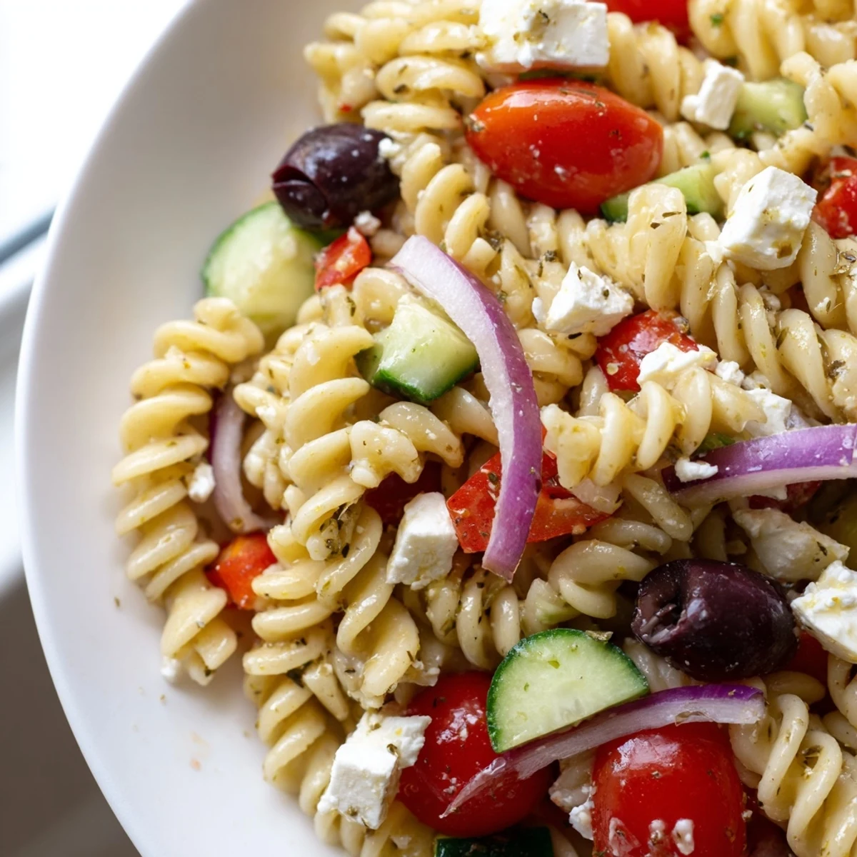 Chilled Greek pasta salad glistening with herbed vinaigrette in a rustic white serving bowl