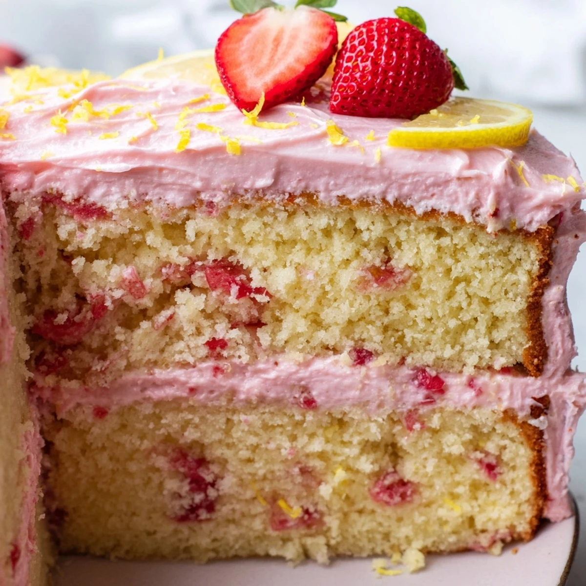 Moist strawberry lemonade cake sliced to reveal tender crumb dotted with berries