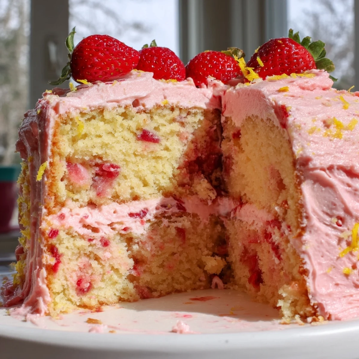 Frosted strawberry lemonade cake topped with fresh berries and bright lemon zest