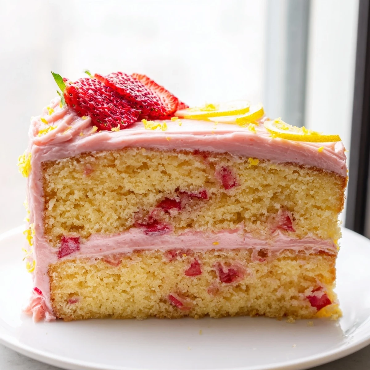 Creamy pink frosting blankets this strawberry lemonade cake on a rustic summer table