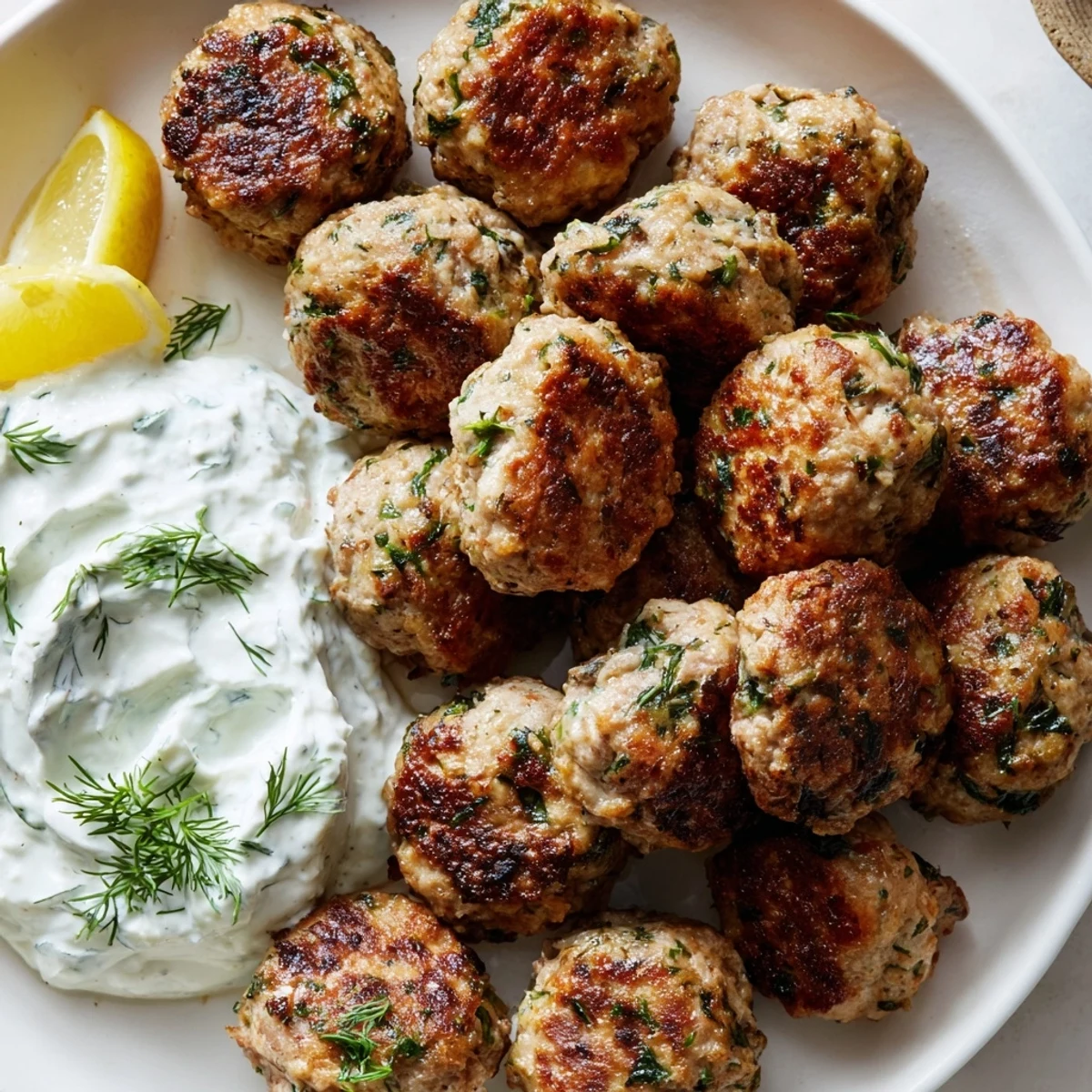 Golden brown Greek turkey meatballs drizzled with creamy tzatziki on a rustic white plate