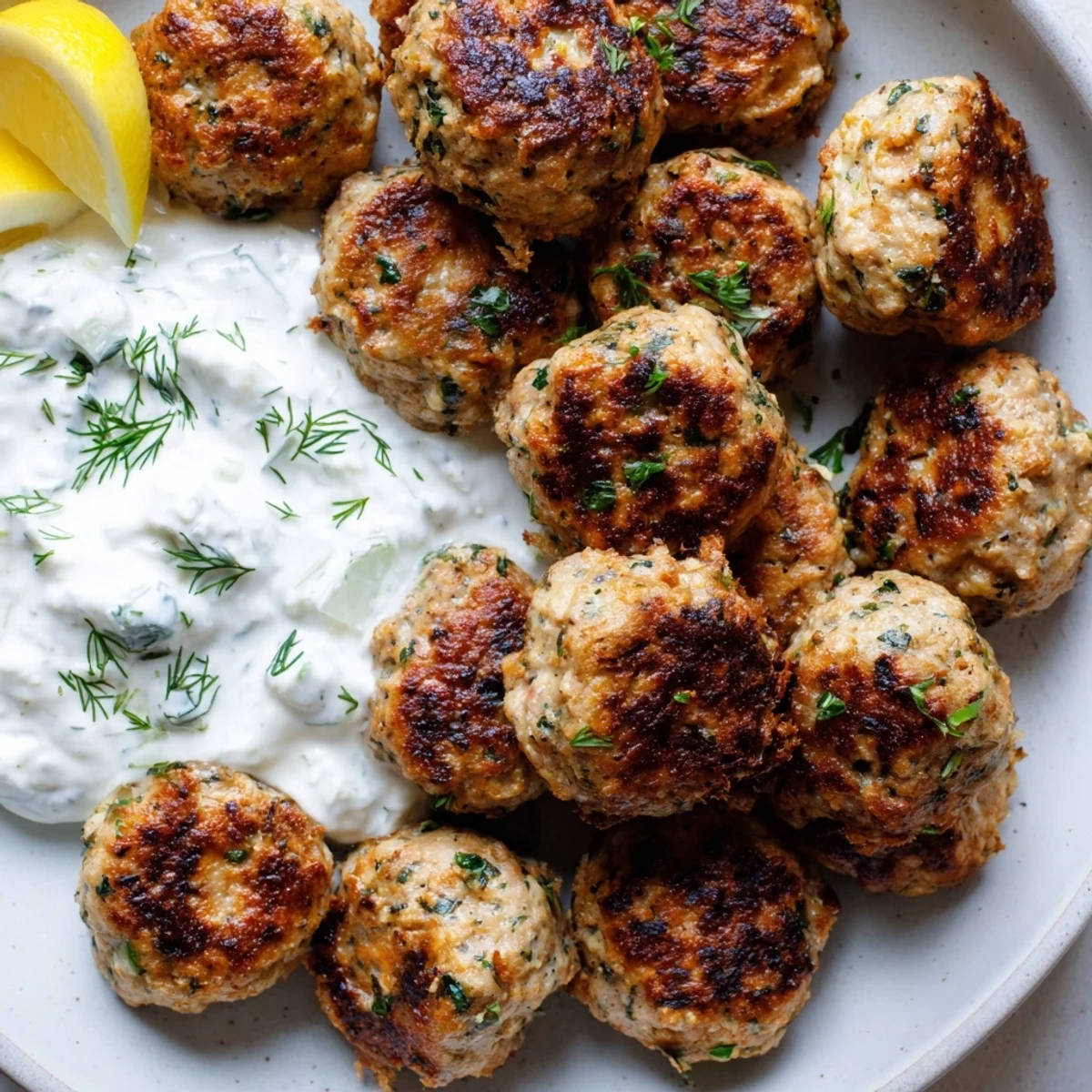 Crispy skillet-fried Greek turkey meatballs arranged over fresh greens with a generous tzatziki dollop