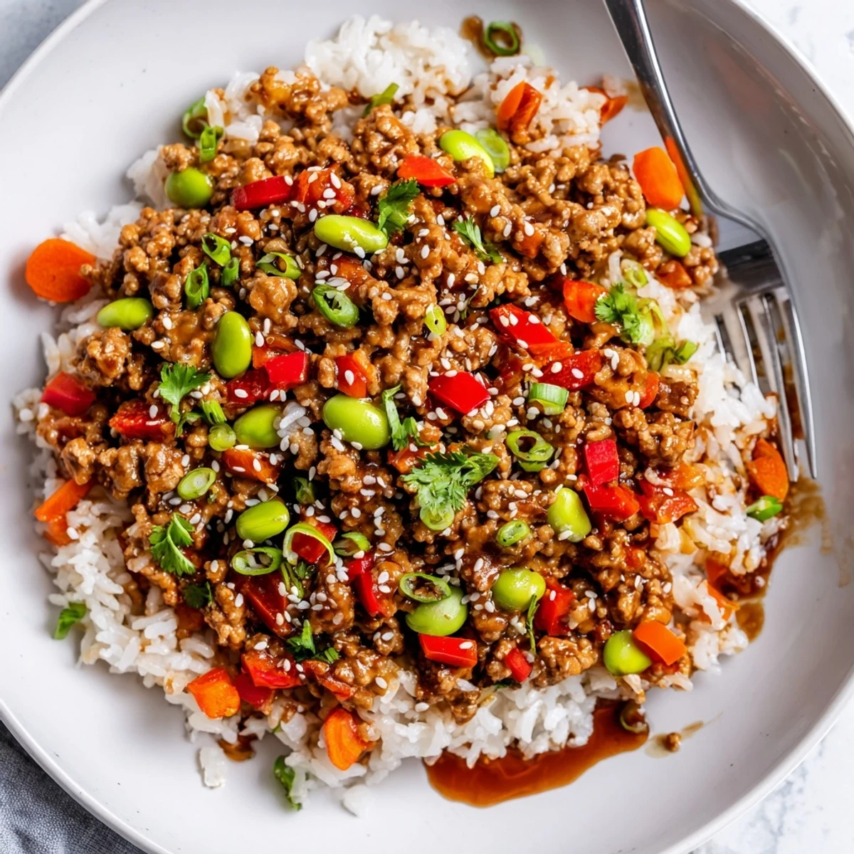 Hearty ground turkey rice bowls topped with sesame seeds and fresh cilantro