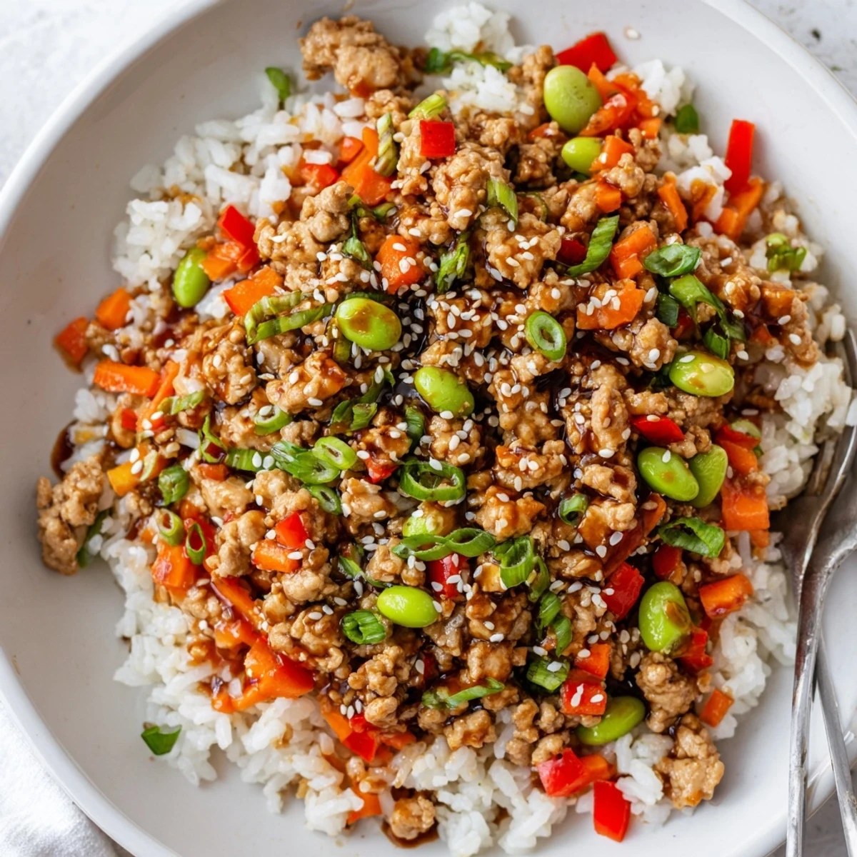 Colorful ground turkey rice bowls with bell peppers edamame and shredded carrots