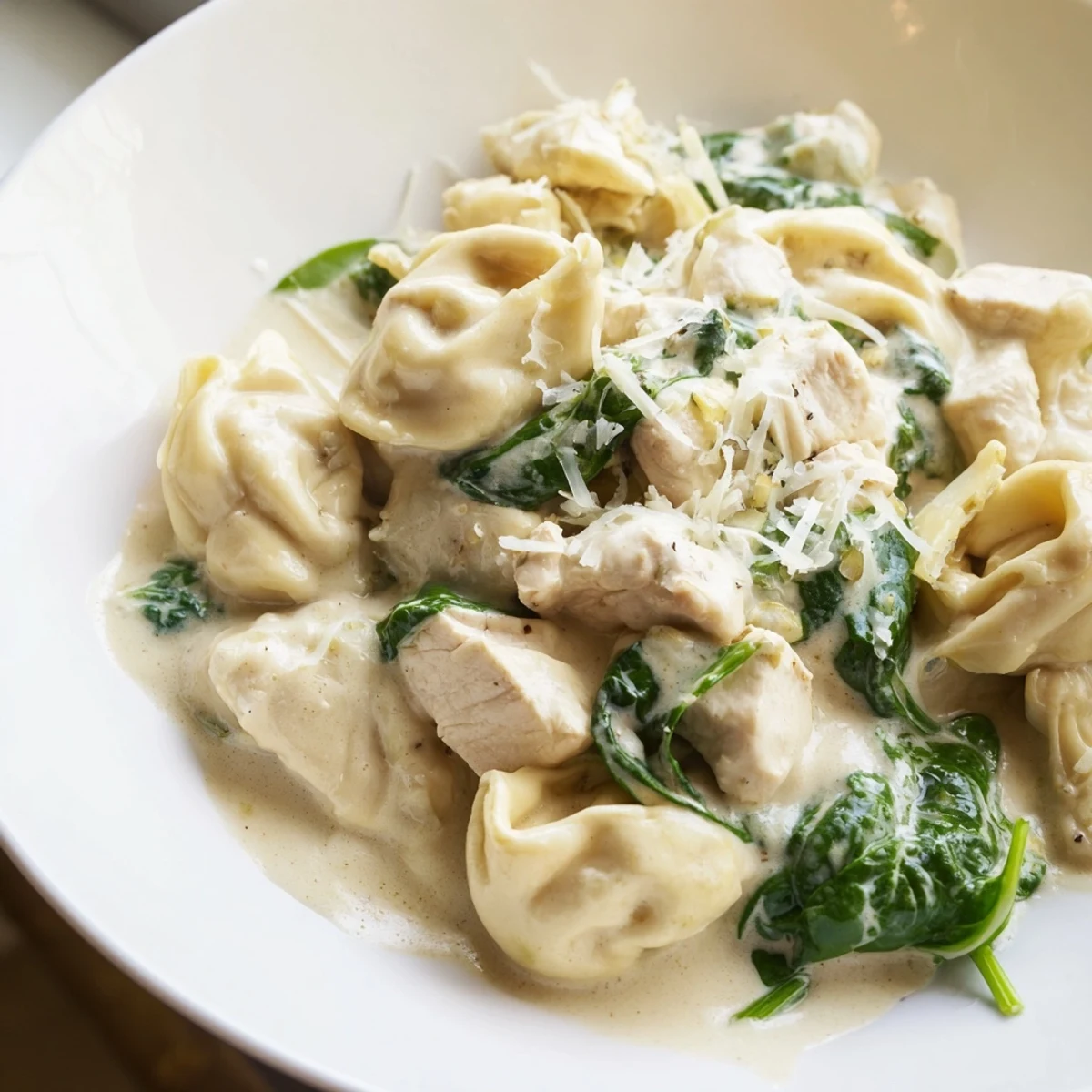Steaming bowl of creamy garlic chicken tortellini with wilted spinach in white sauce