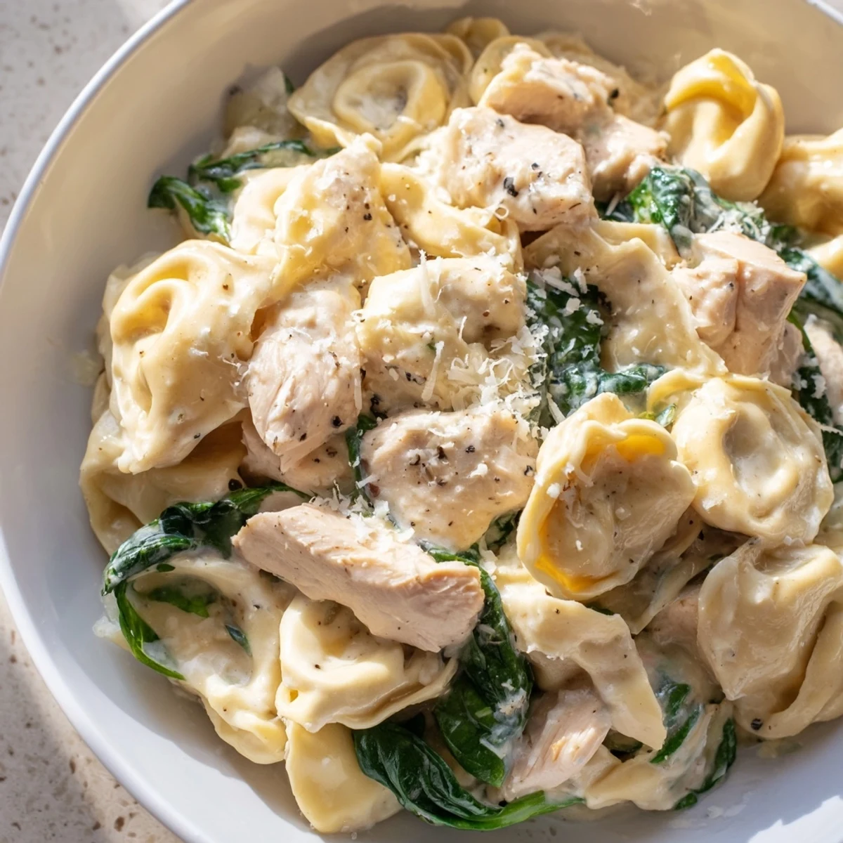Creamy garlic chicken tortellini with spinach topped with grated Parmesan and parsley