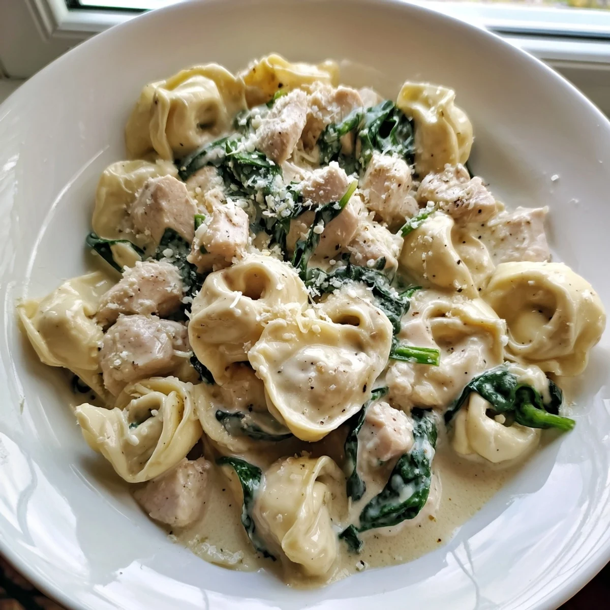 Golden seared chicken and cheese tortellini tangled in a velvety garlic cream sauce