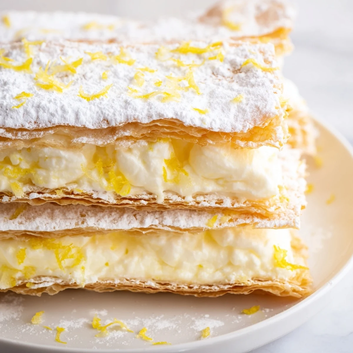 Golden flaky lemon ricotta puff pastry mille feuille dusted with powdered sugar on a white plate
