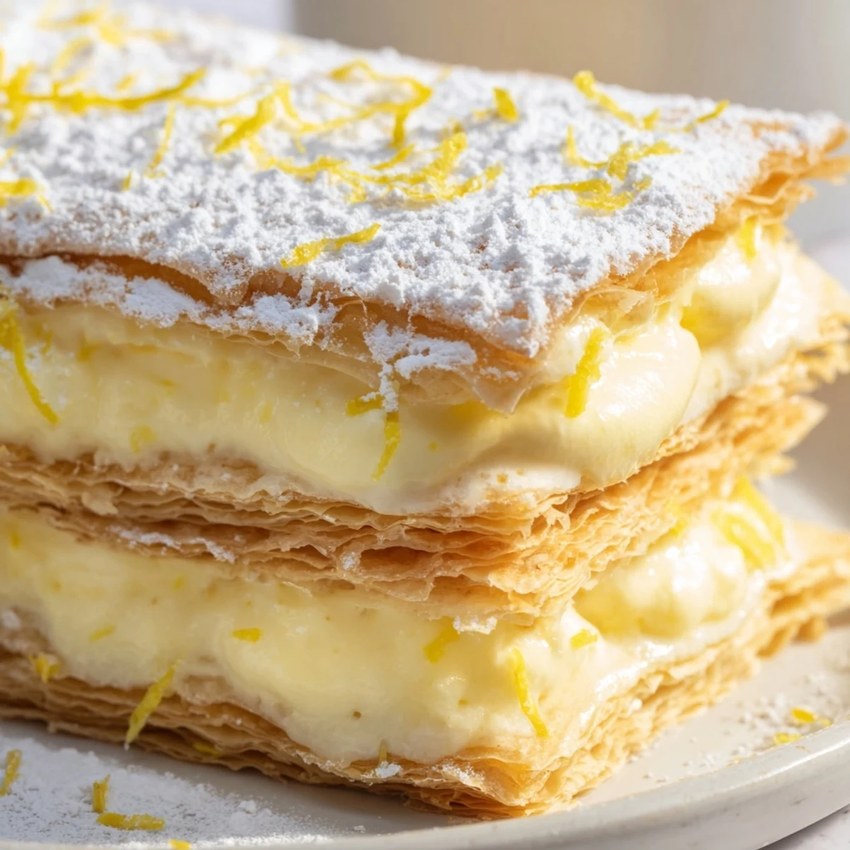 Crisp layered lemon ricotta puff pastry mille feuille with creamy filling and bright citrus zest