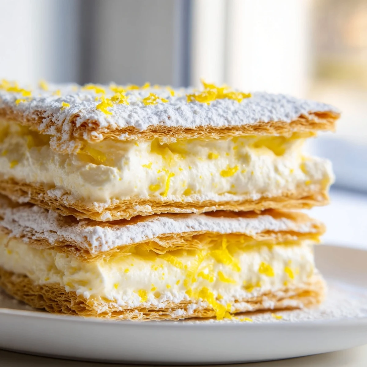 Elegant lemon ricotta puff pastry mille feuuille stacked tall with silky cream and sugar dusting