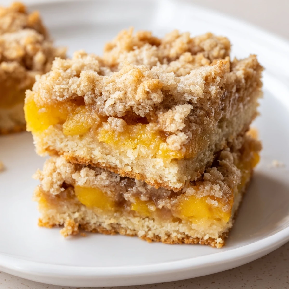 Sweet and buttery peach bars with cinnamon streusel topped with vanilla ice cream