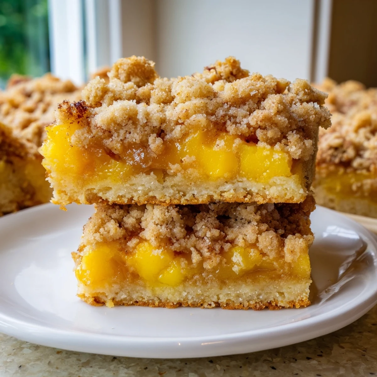Golden sweet and buttery peach bars with cinnamon streusel fresh from the oven