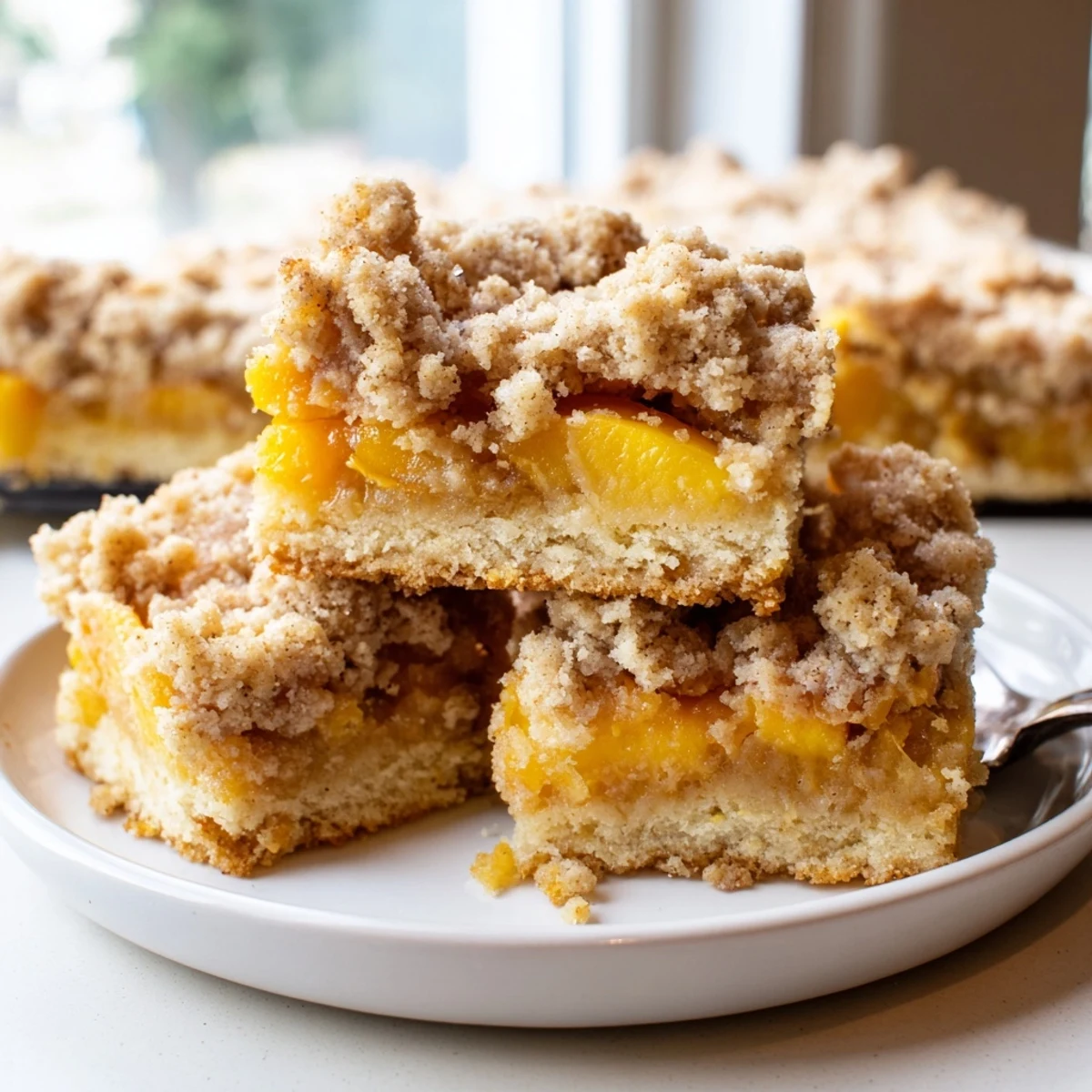 Chewy sweet and buttery peach bars with cinnamon streusel cut into twelve squares