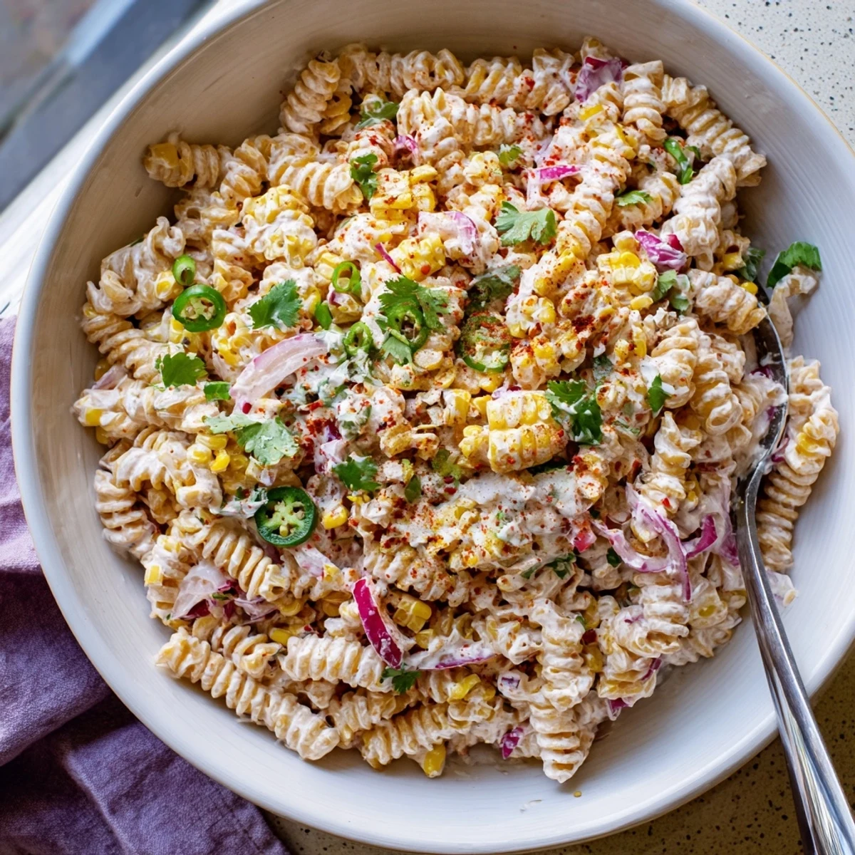 Creamy Elote Street Corn Pasta Salad topped with crumbled cotija cheese and fresh cilantro.