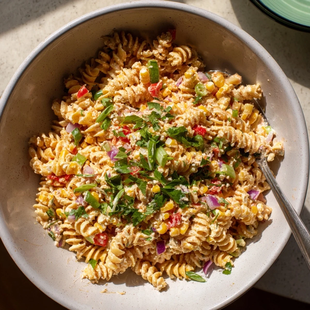Smoky charred corn and tender rotini tossed in a tangy lime dressing for Elote Street Corn Pasta Salad.