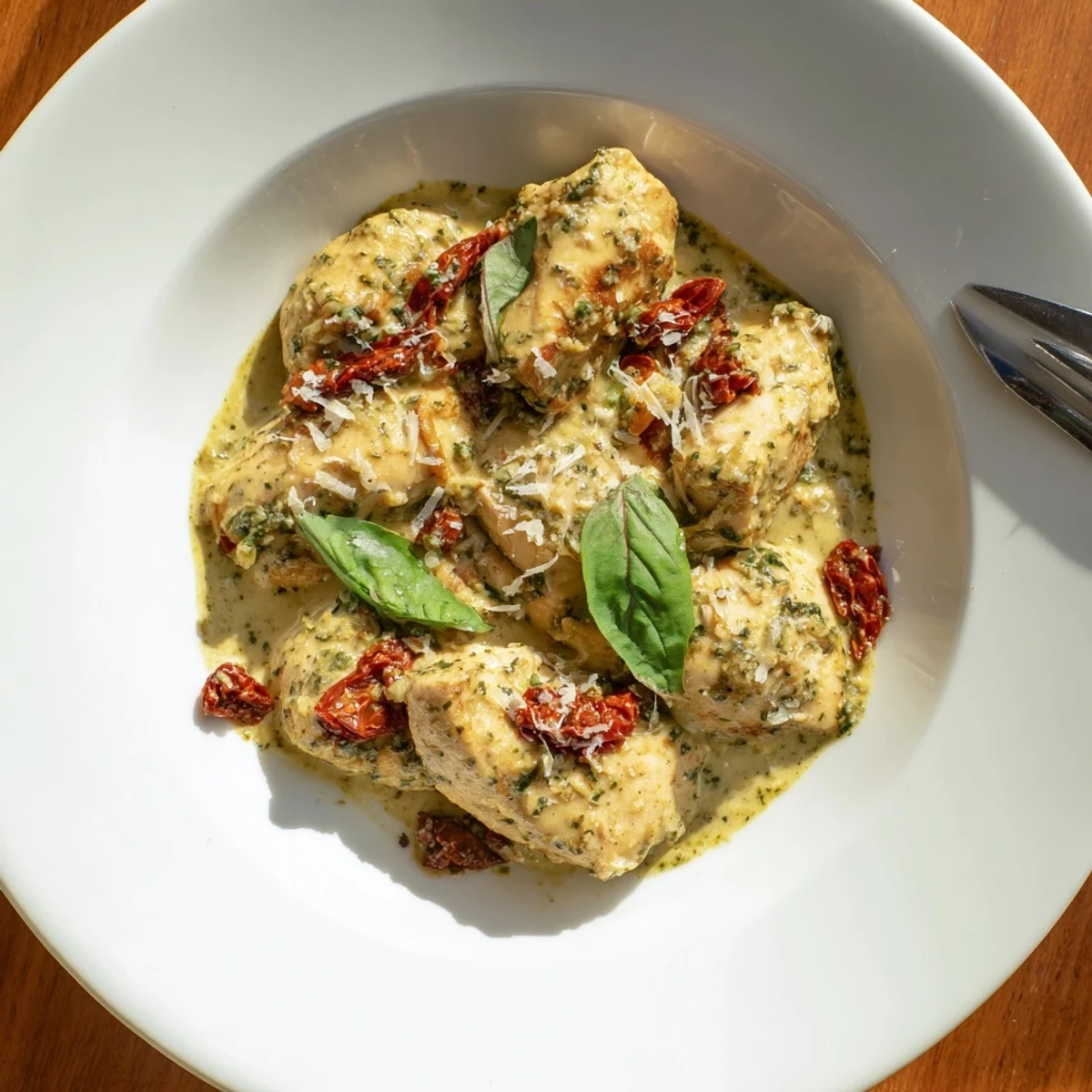 Creamy Marry Me Chicken Pesto with sun-dried tomatoes in a golden cast iron skillet