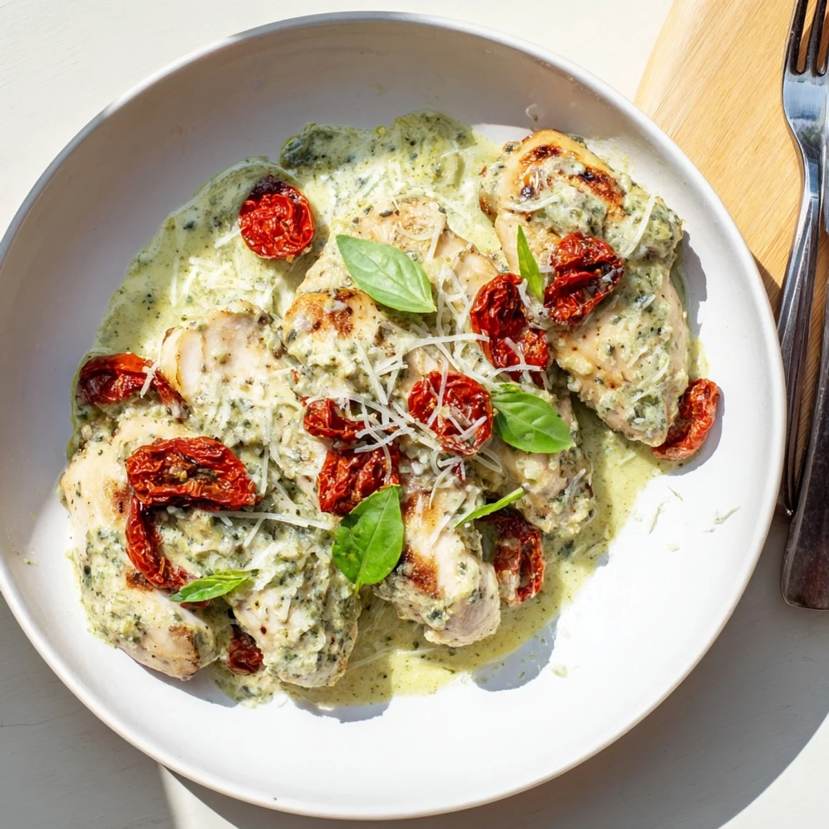 Golden seared Marry Me Chicken Pesto smothered in bubbling Parmesan pesto cream sauce