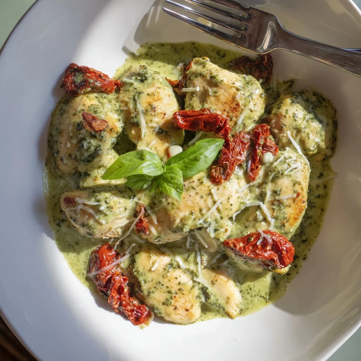 Tender Marry Me Chicken Pesto garnished with fresh basil and draped in velvety sauce