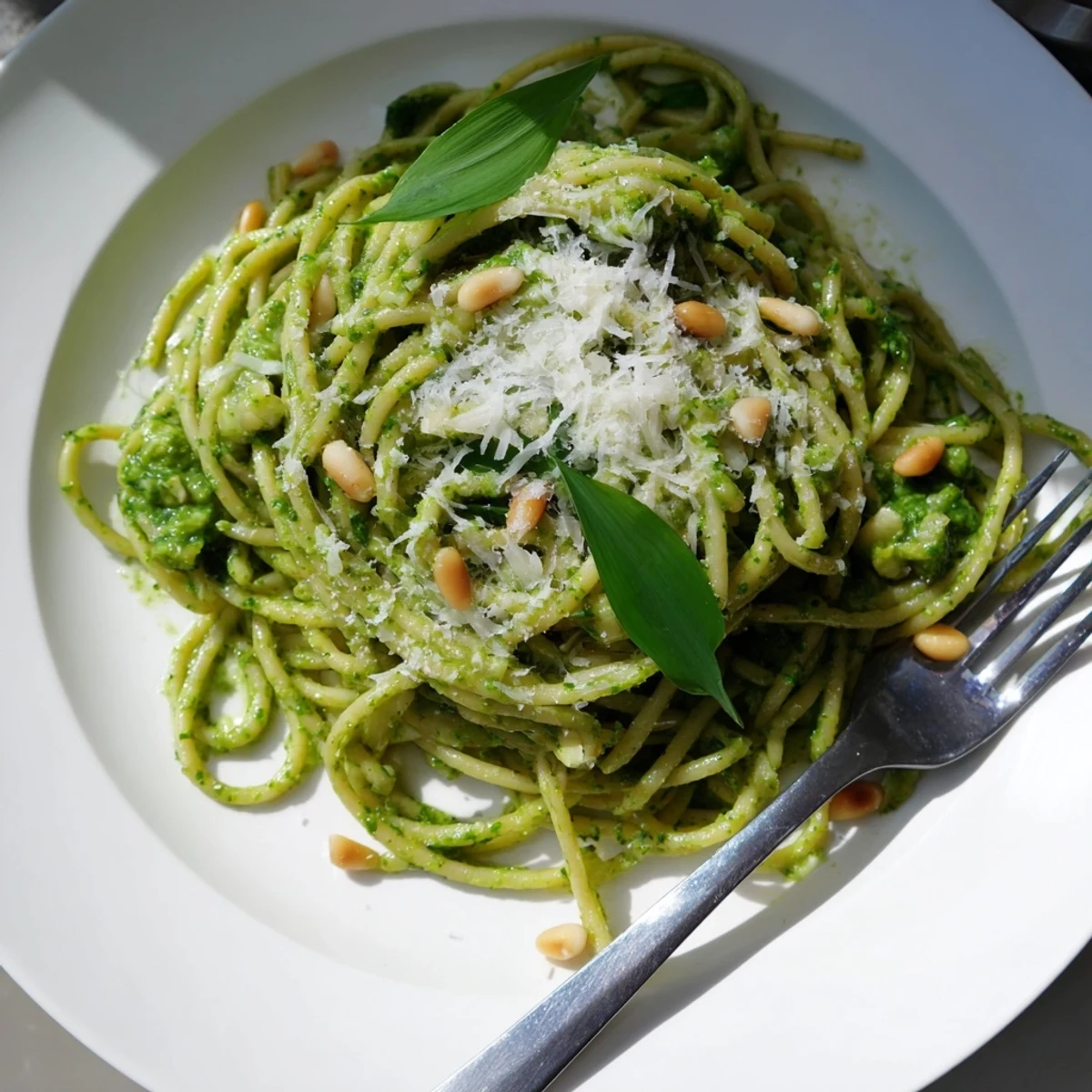 Bright green wild garlic pesto pasta served in a rustic white bowl