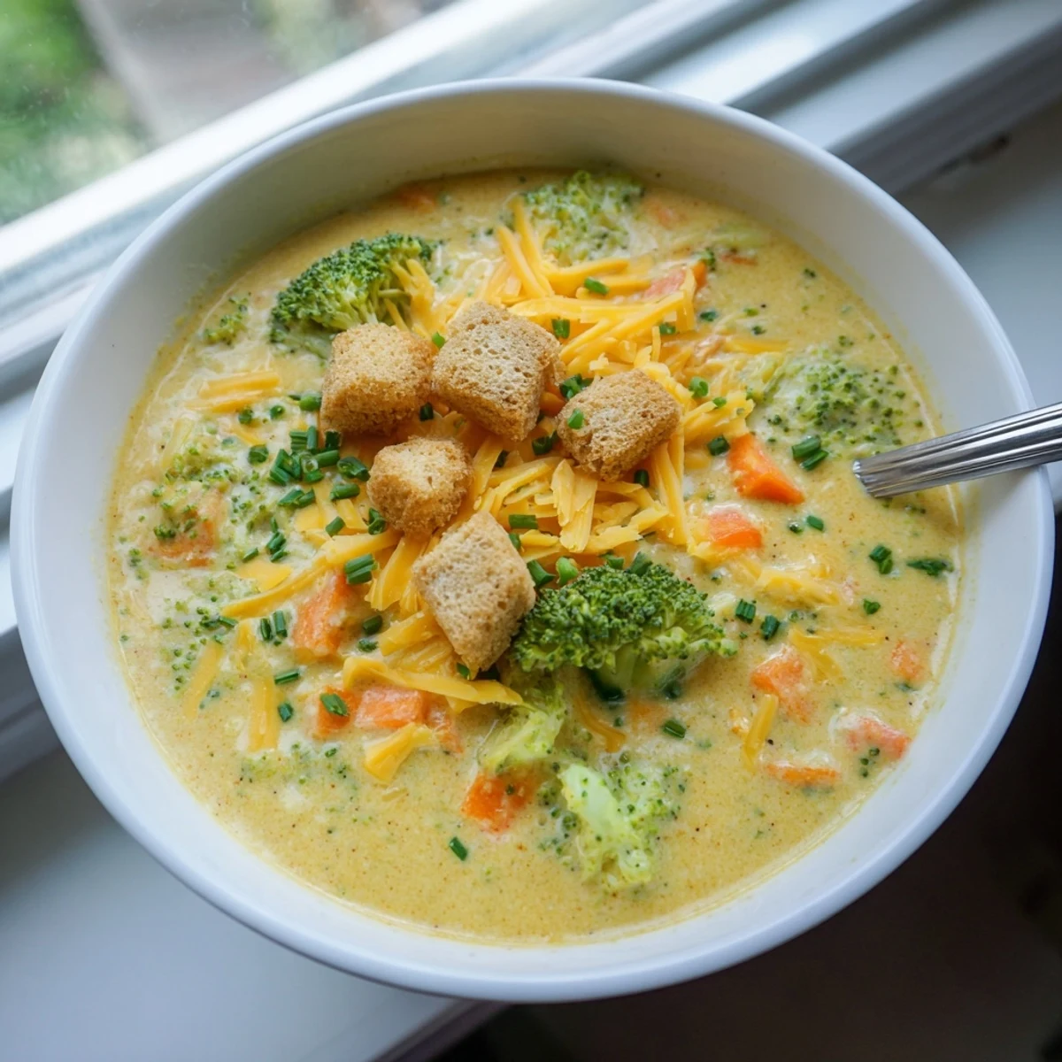 Steaming bowl of slow cooker broccoli cheese soup topped with melted cheddar and fresh chives