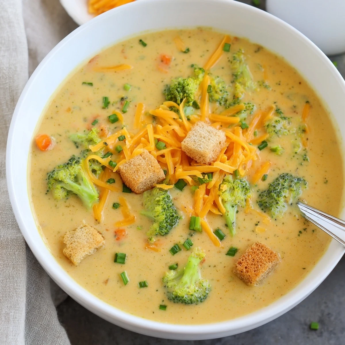 Thick creamy slow cooker broccoli cheese soup ladled into a rustic bread bowl