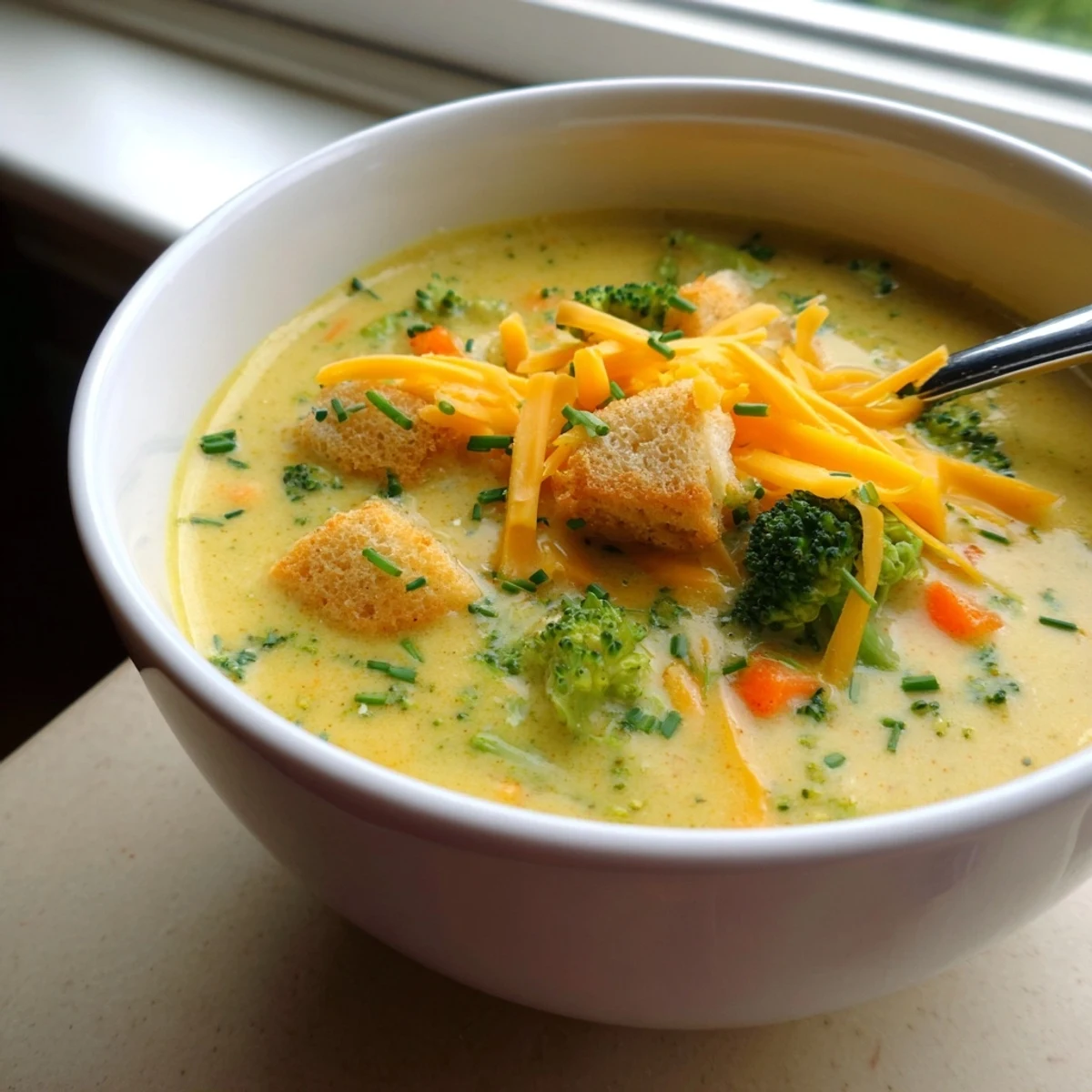 Golden slow cooker broccoli cheese soup garnished with croutons parsley and extra shredded cheese