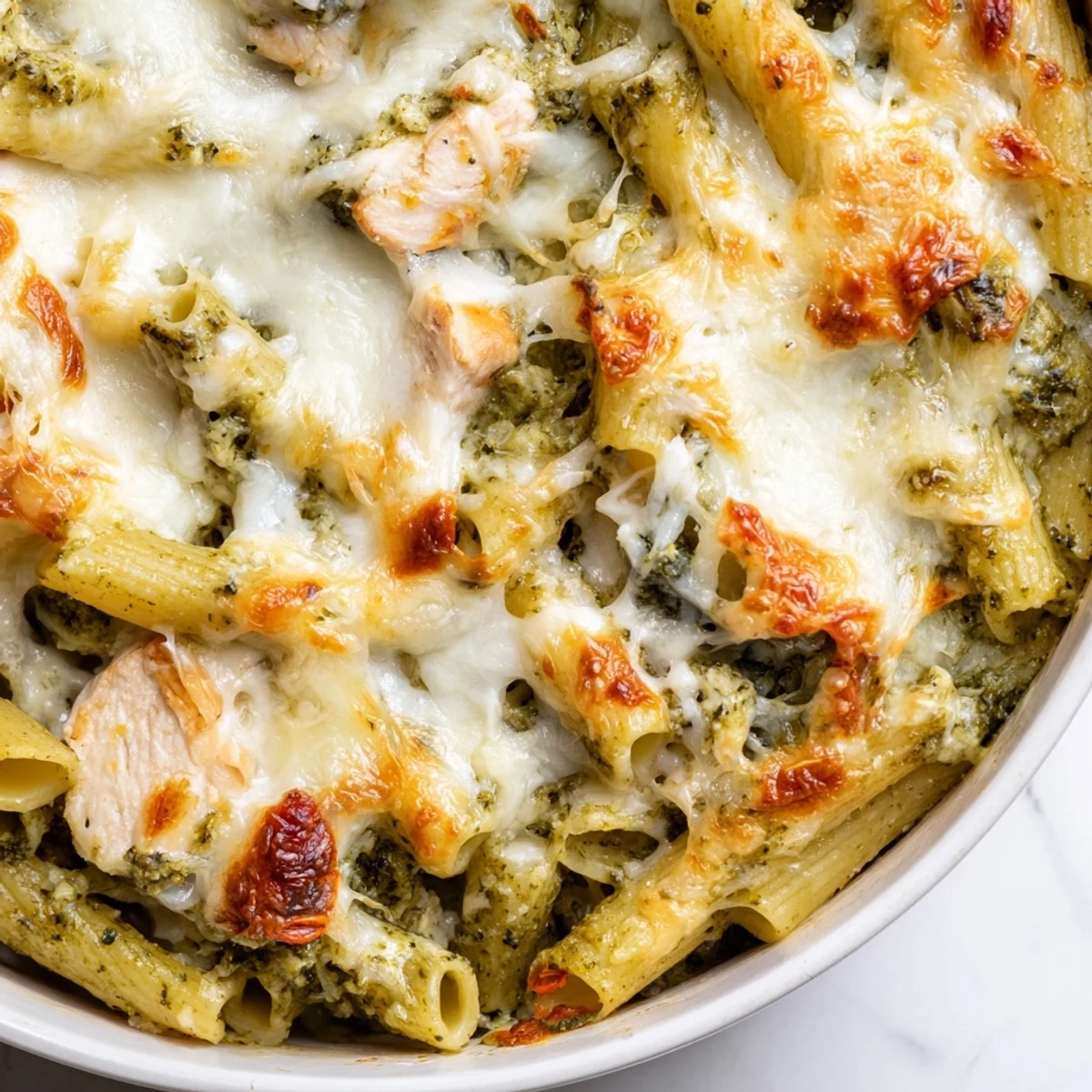 Golden bubbling pesto chicken pasta bake topped with melted mozzarella and Parmesan cheese