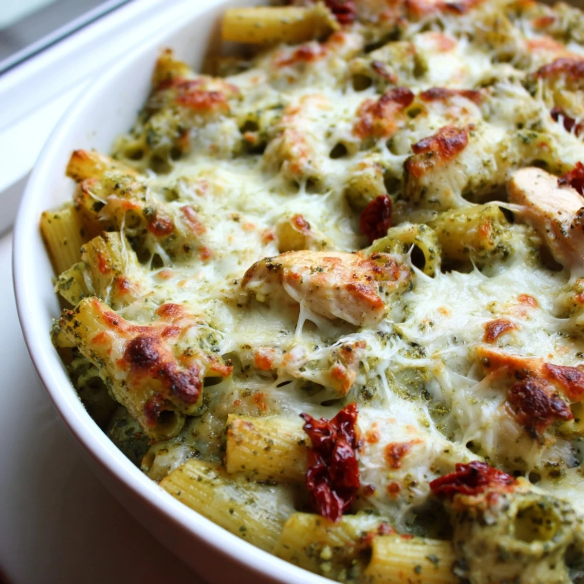 Creamy pesto chicken pasta bake with sun-dried tomatoes fresh from the oven