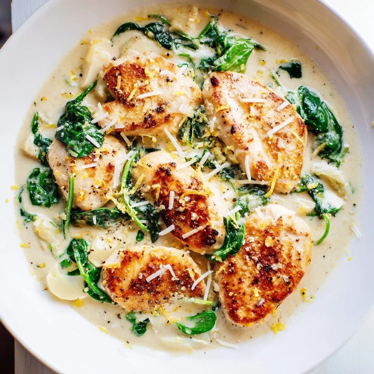 Golden seared Lemon Parmesan Spinach Chicken nestled in a creamy garlic herb sauce