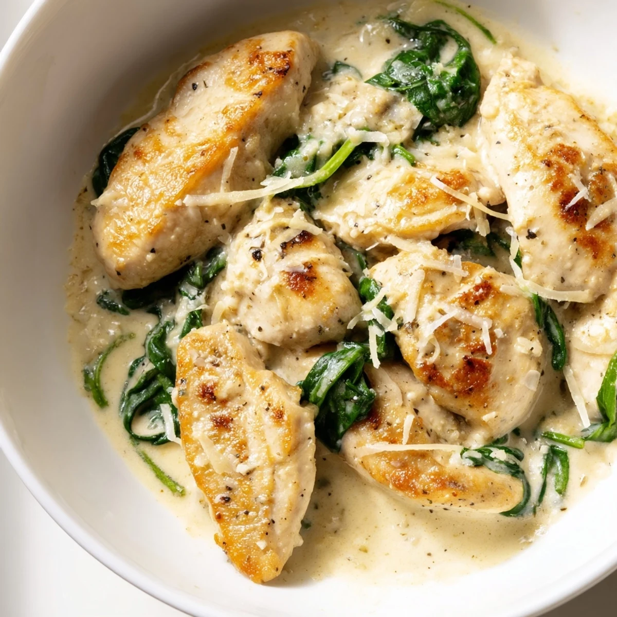 Tender Lemon Parmesan Spinach Chicken topped with melted cheese over wilted greens