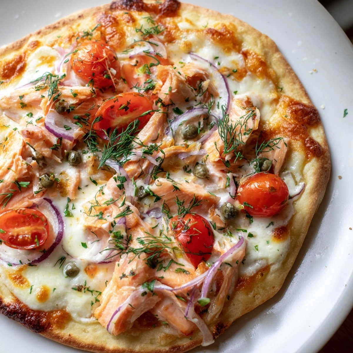 Crispy leftover salmon tortilla pizza with melted mozzarella, red onion, and fresh dill garnish