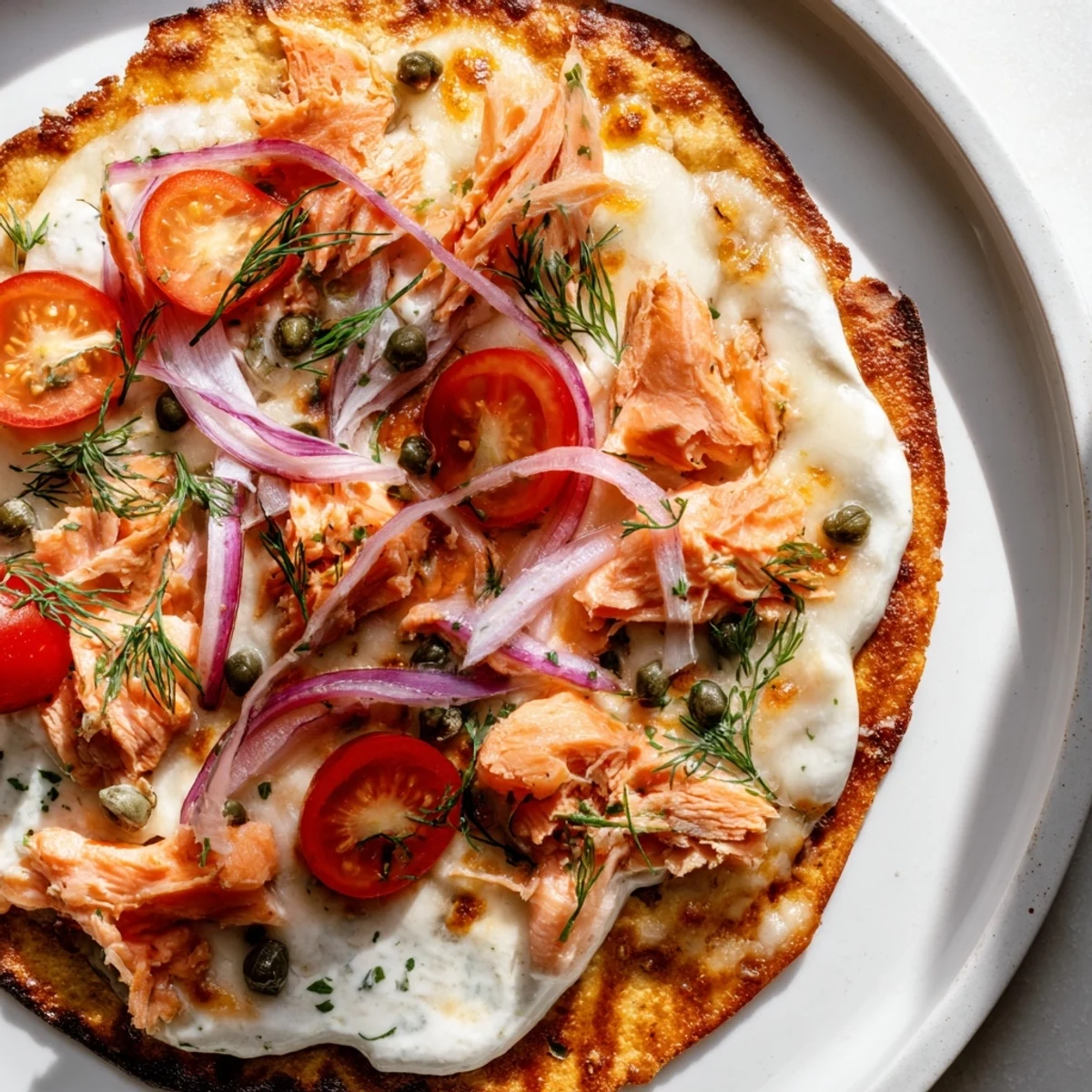 Golden baked leftover salmon tortilla pizza topped with cherry tomatoes, capers, and bubbling cheese