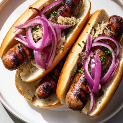 Sizzling beef brats fresh off the grill, piled high with crisp sauerkraut and onions on a soft, buttery bun.