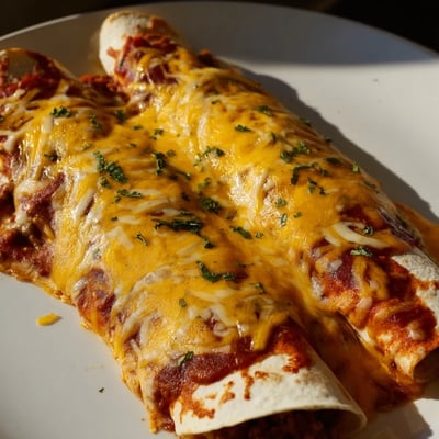 Rolled flour tortillas stuffed with seasoned beef, covered in a rich red enchilada sauce and cheese.