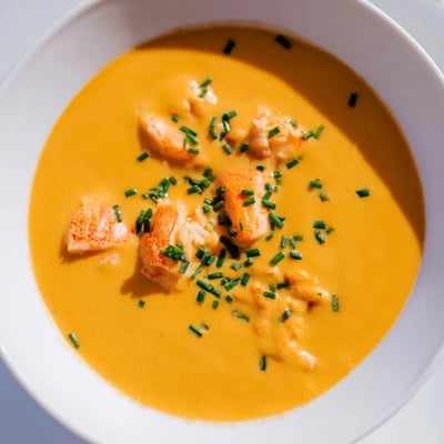 A close-up of rich Creamy Lobster Bisque with Sherry Vinegar Substitute beside a buttery baguette slice.  