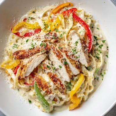 Creamy Cajun Chicken Alfredo with Bell Peppers served over fettuccine, garnished with fresh parsley and grated Parmesan cheese.