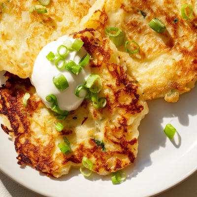 A close-up view of traditional Irish Boxty Potato Pancakes, studded with green scallions and ready for a dollop of sour cream.